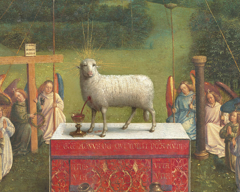 Detail from the Adoration of the Mystic Lamb: a white lamb standing on an altar, haloed with golden rays, blood flowing from its breast into a golden chalice, with angels kneeling around it in a green meadow.